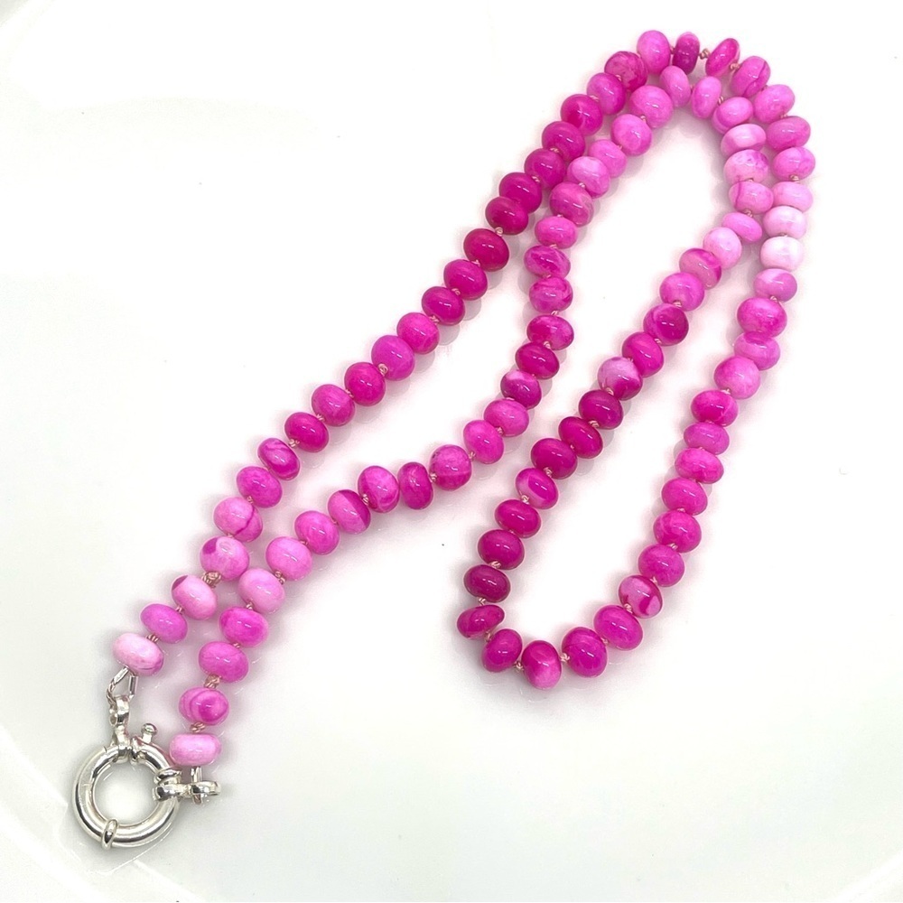 Hot Pink Opals Hand Knotted Light Pink Silk With 925 Sterling Silver Clasp. 21”